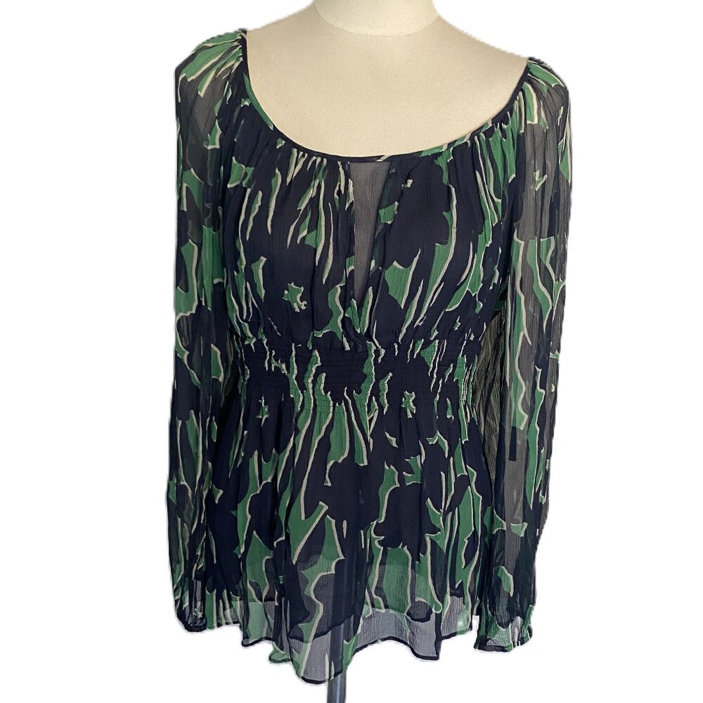 BCBG MAXAZRIA 100% Silk Navy Blue/Green/Cream Top sz M